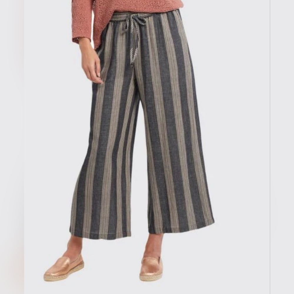 Tribal Wide-Leg Striped Drawstring Pants in Black and Tan